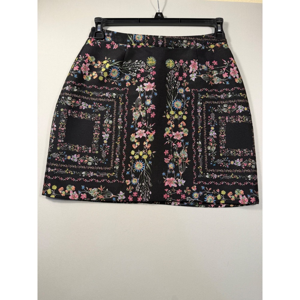 Ted Baker London Floral Jacquard Mini Skirt Black Pink Size 2 US 6 Rose Gold Zip